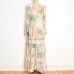 Johnny Was silk dress ruksana sheer floral print boho hippie sheer maxi long M